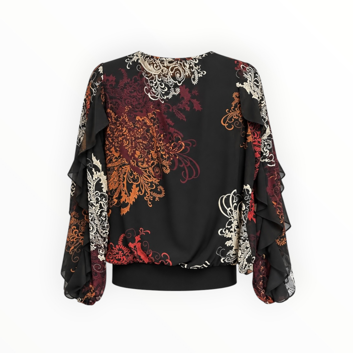 Ornate Print Ruffle Sleeve Blouse size 6