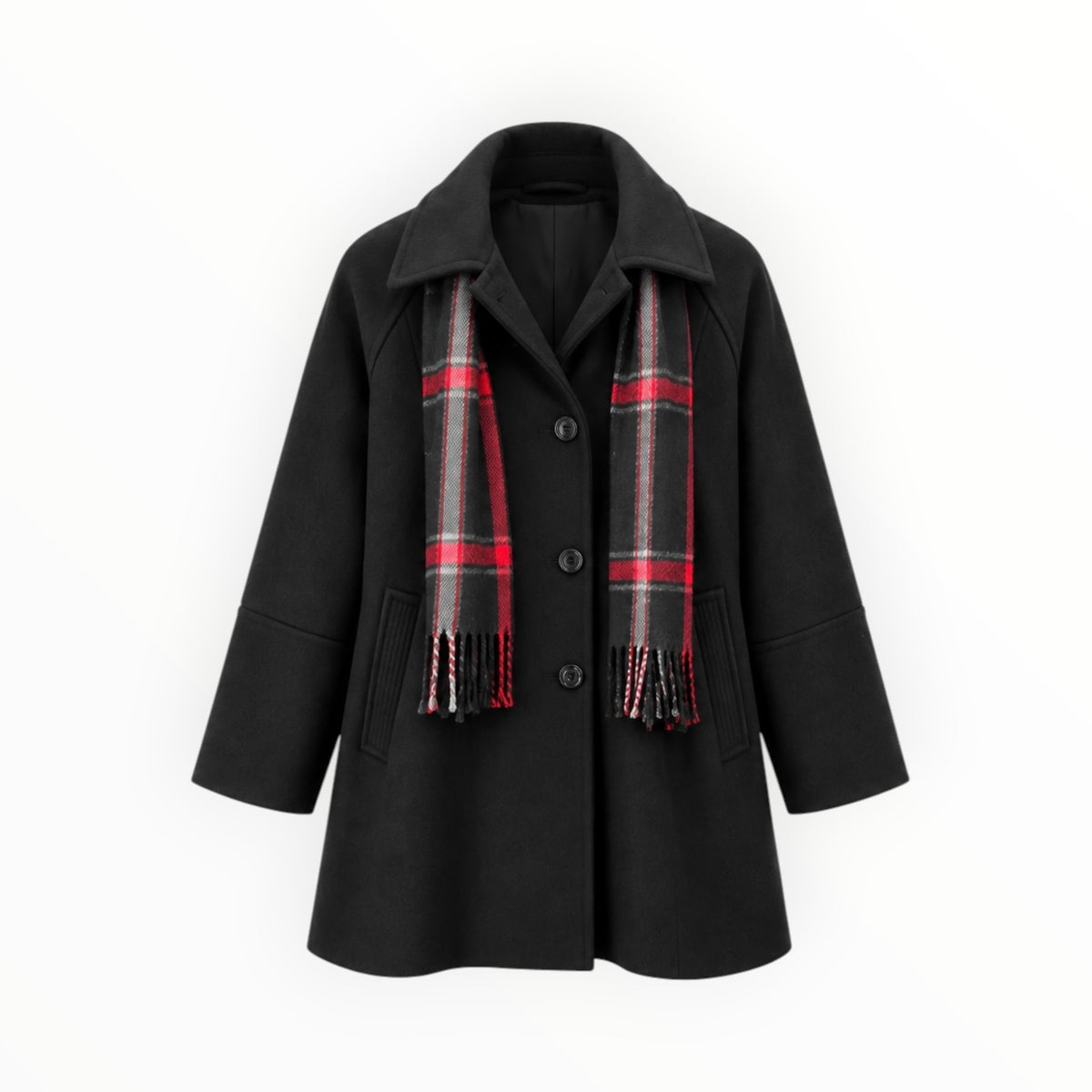 Button-Front Coat with Plaid Scarf size L