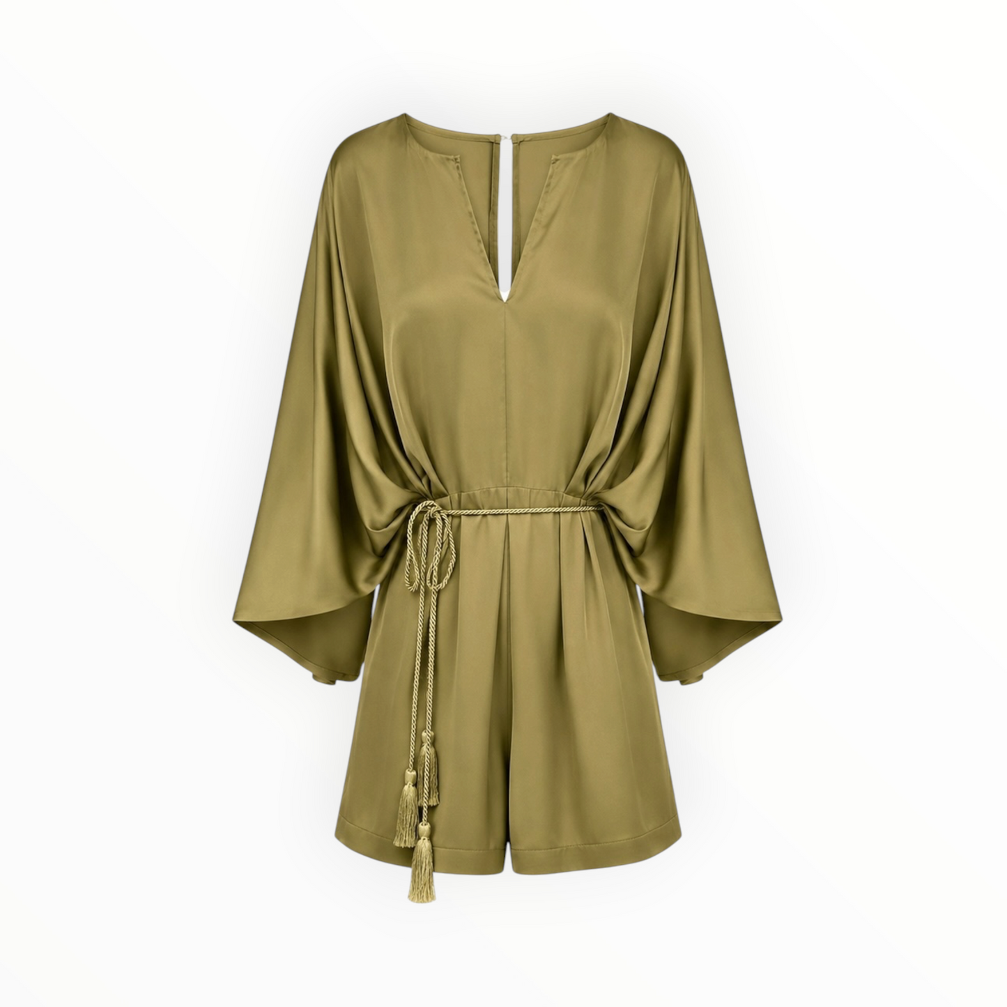 Satin Open Back Tassel Belted Romper size L
