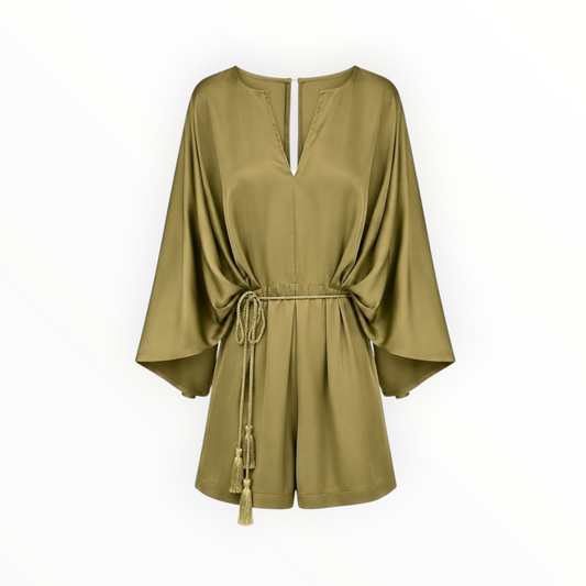 Satin Open Back Tassel Belted Romper size L