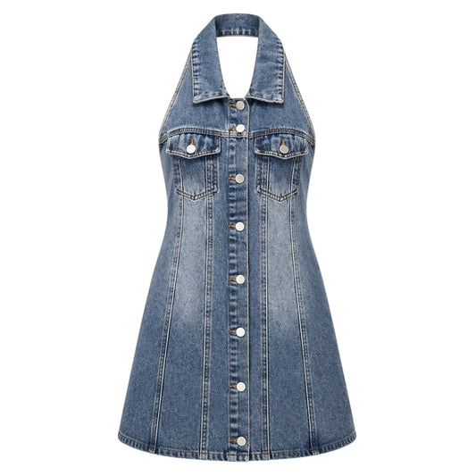Halter Neck Denim Button Front Dress size L