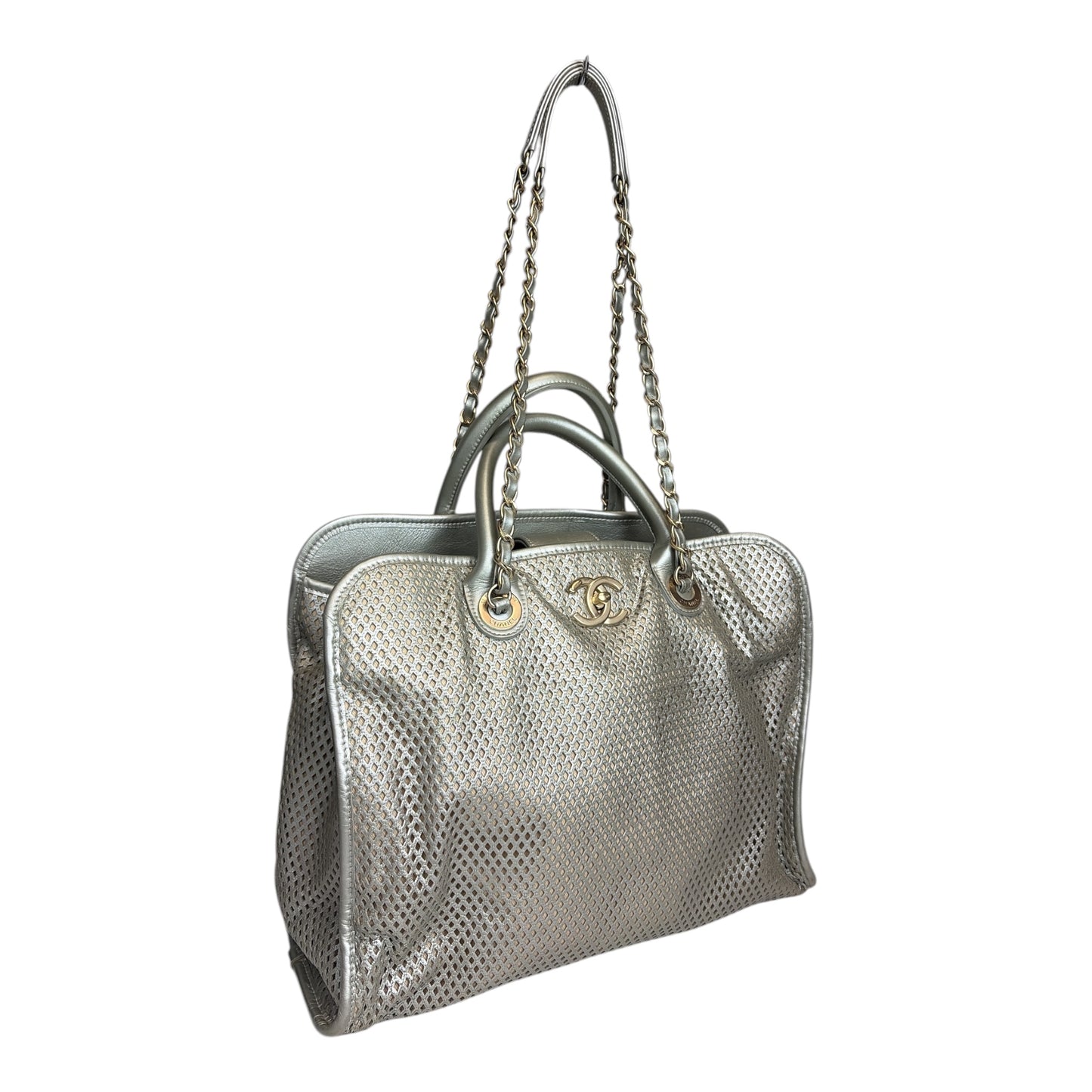 Perforated Metallic Calfskin Up In The Air Tote Satchel