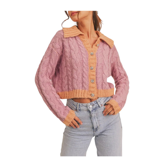 Colorblock Cable Stitch Embellished Button Cardigan size Large