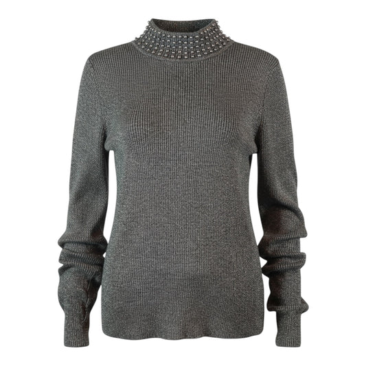 Sparkling Metallic Gray Pearl Beaded Neck Sweater size Small