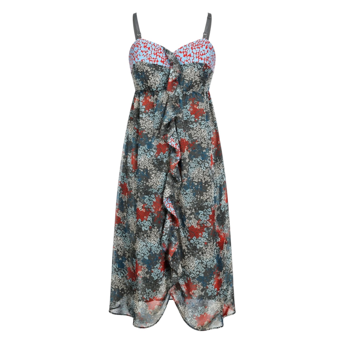 Sheer Gray Floral Ruffle Pleated Dress size XS