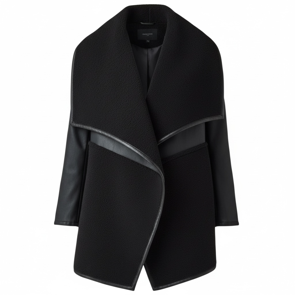 Fleece & Faux Leather Long Wrap Jacket size Large