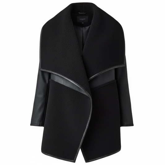 Fleece & Faux Leather Long Wrap Jacket size Large