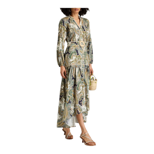 Kadar Belted Paisley-Print Linen Maxi Dress size 4