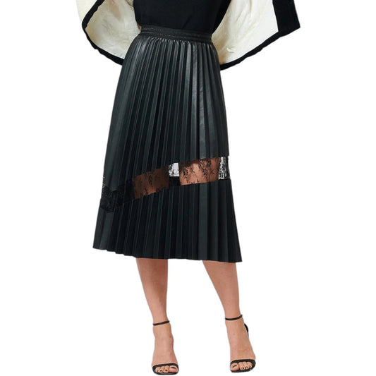 Pleated Pleather Skirt With Lace Contrast Large