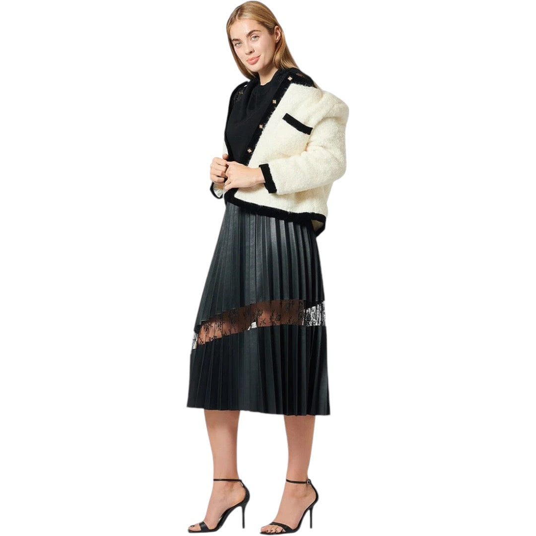 Pleated Pleather Skirt With Lace Contrast Large