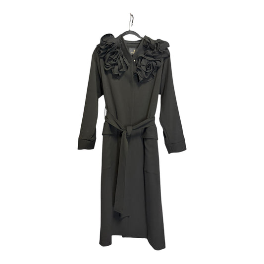 Black Belted Coat with Floral Ruffle Detail size 42