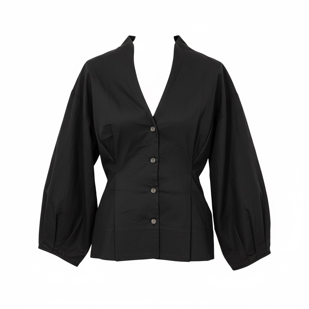 Balloon Sleeve Cinched-Waist Button-Down Blouse size S
