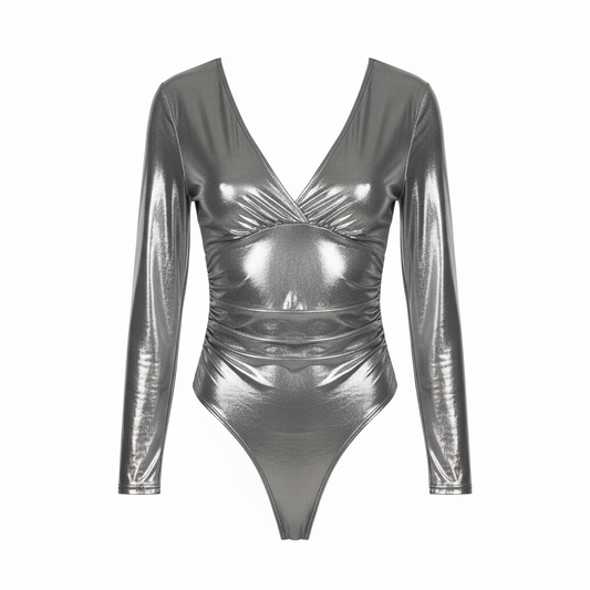 Metallic Ruched Long Sleeve Bodysuit size S NWT