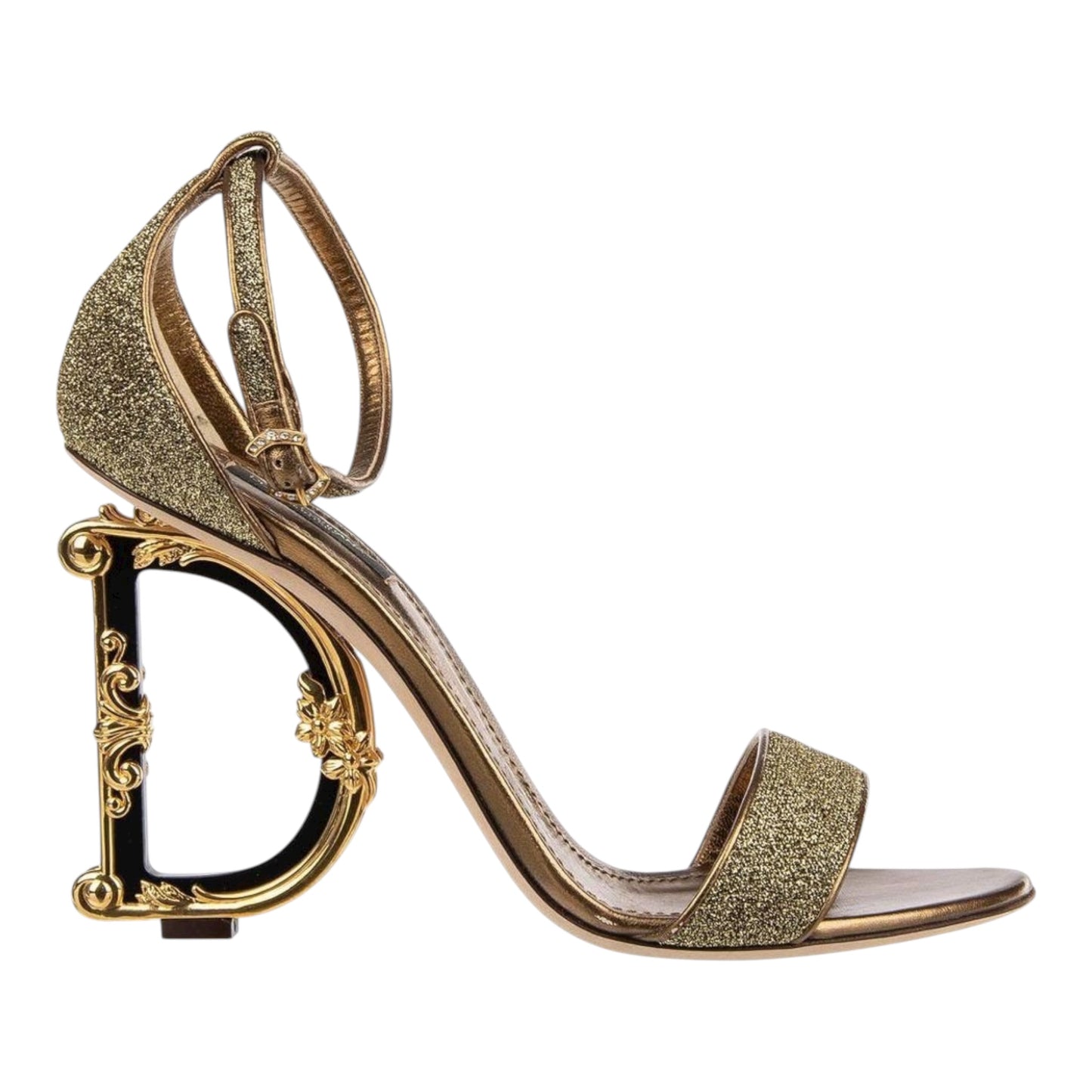 Gold Lurex Fabric Bette Sculpture Heel Open Toe Sandals size 39.5
