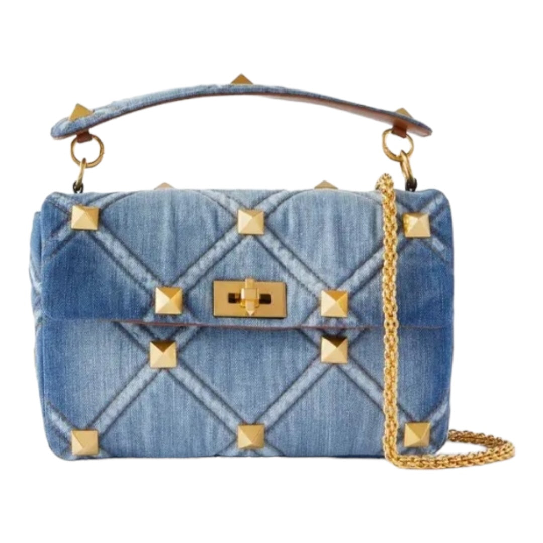 Medium Roman Stud Denim Shoulder Bag