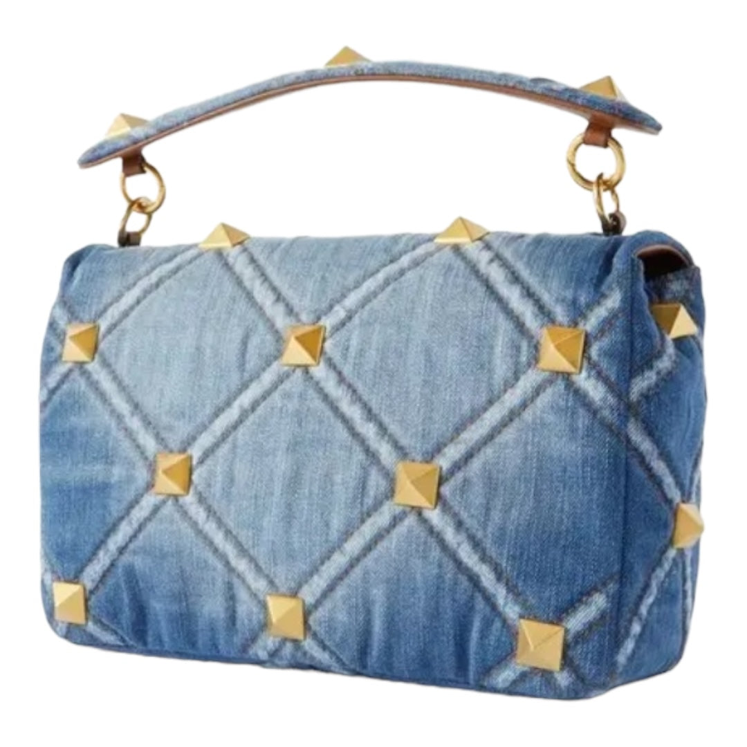 Medium Roman Stud Denim Shoulder Bag